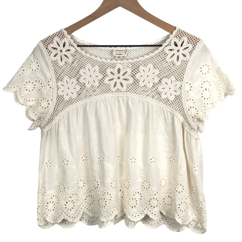 Nicole Miller Artelier Cotton Crochet Eyelet Floral Top Women's S Cream S/S Boho